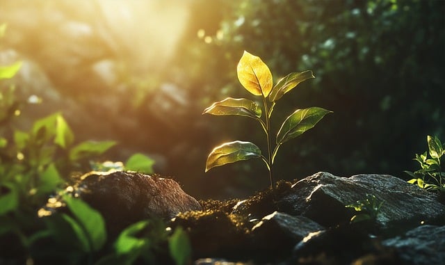 土から出た小さな芽に降り注ぐ柔らかな光。因縁果の法則の図解イメージ。